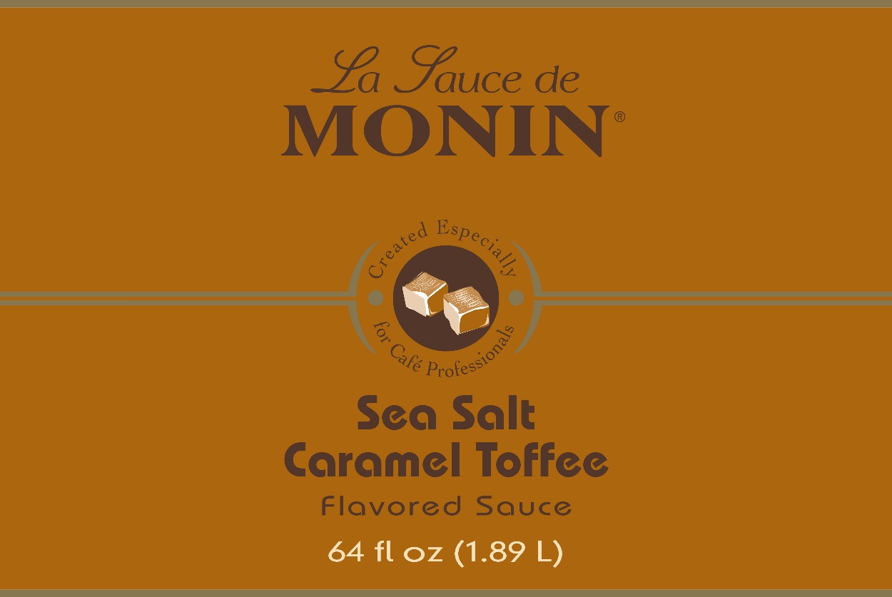 The front label of the 64 fluid ounce Monin Sea Salt Caramel Toffee