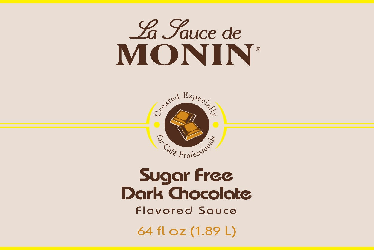 A 64 fluid ounce front label of Monin Sugar Free Dark Chocolate Sauce
