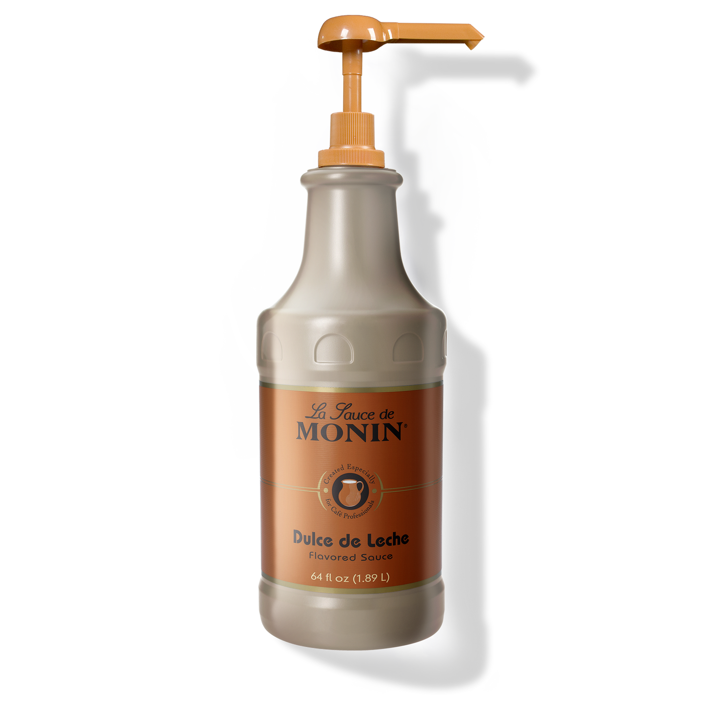 A 64 fluid ounce bottle of Monin Dulce de Leche Sauce with a pump dispenser