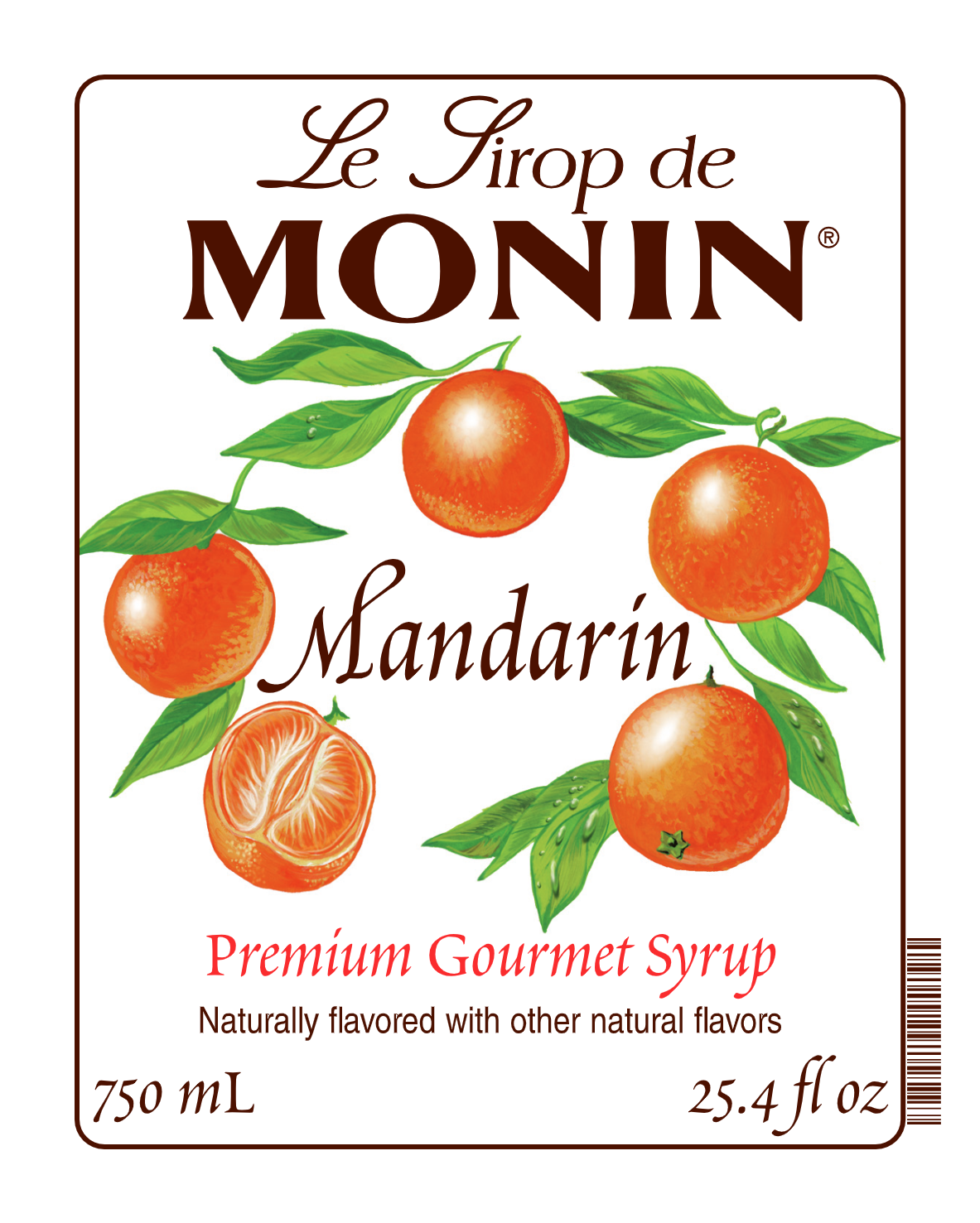 Front label of Le Sirop de Monin Mandarin Premium Gourmet Syrup, 750 mL (25.4 fl oz), featuring illustrations of mandarin oranges and green leaves on a white background with brown and red text.