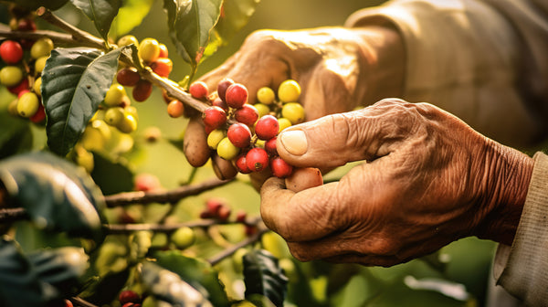 Hands collecting ripe coffee beans on a plantation.