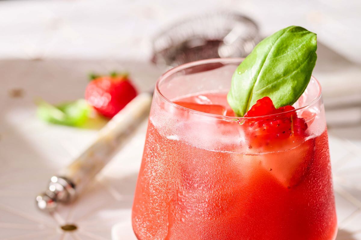 Glass with a red refreshing drink topped with a raspberry and mint leaf
