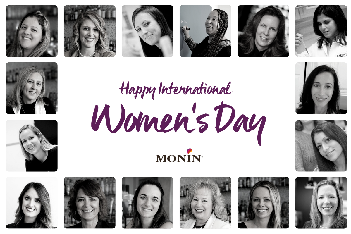 Collage of women working at Monin with a header Happy International Women's Day