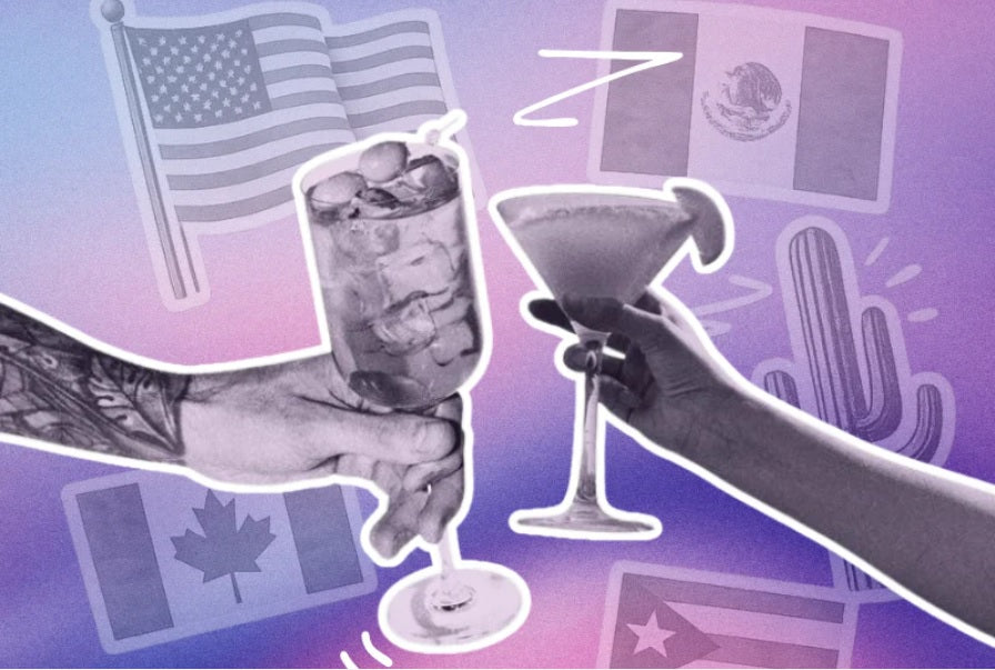 Purple background with different country flags. two people holding a glass in celebration 