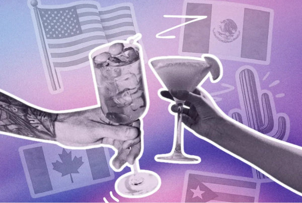 Purple background with different country flags. two people holding a glass in celebration 