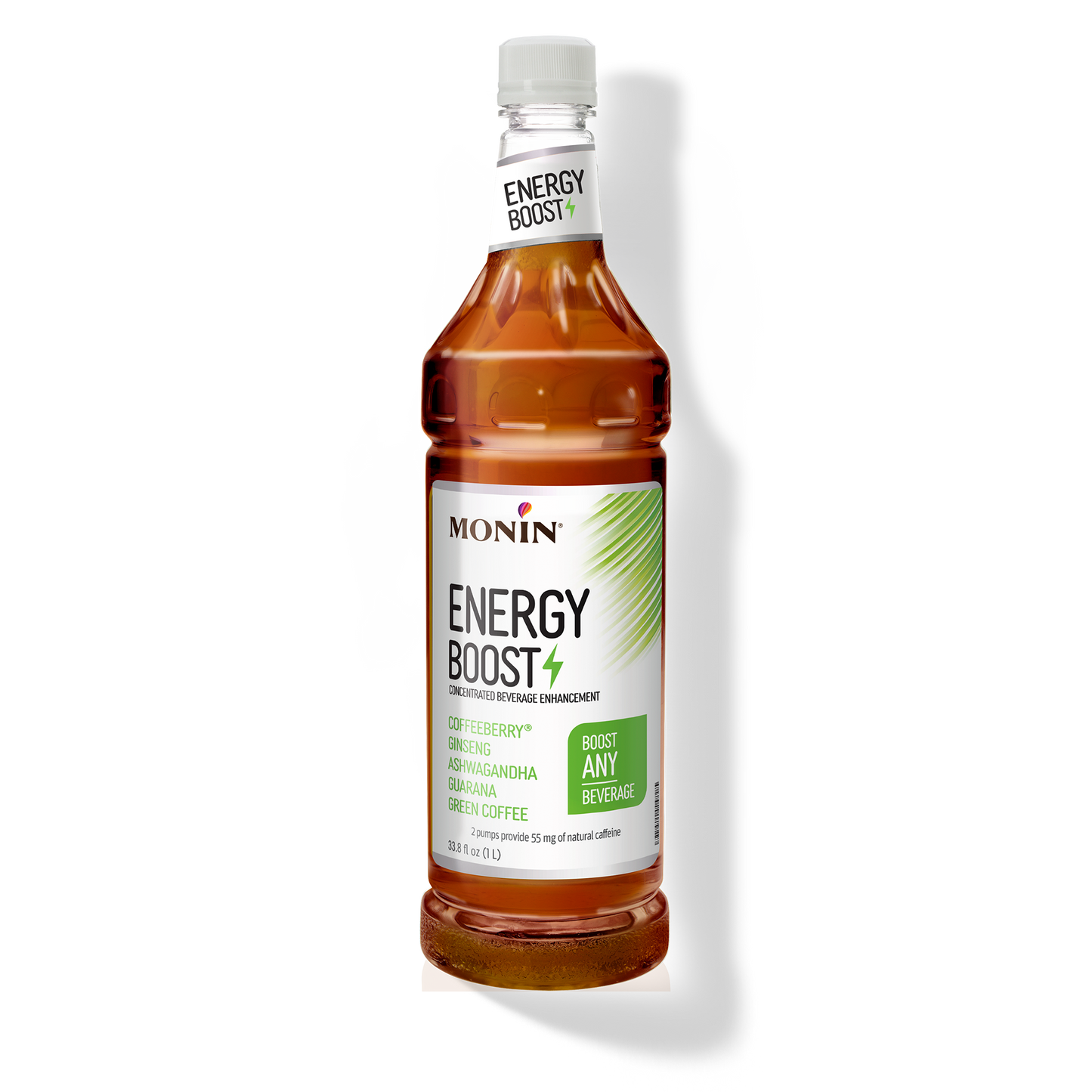 A bottle of Monin Energy Boost+ cold-pressed juice concentrate, flavor citrus coffee, on a white background with a soft shadow.