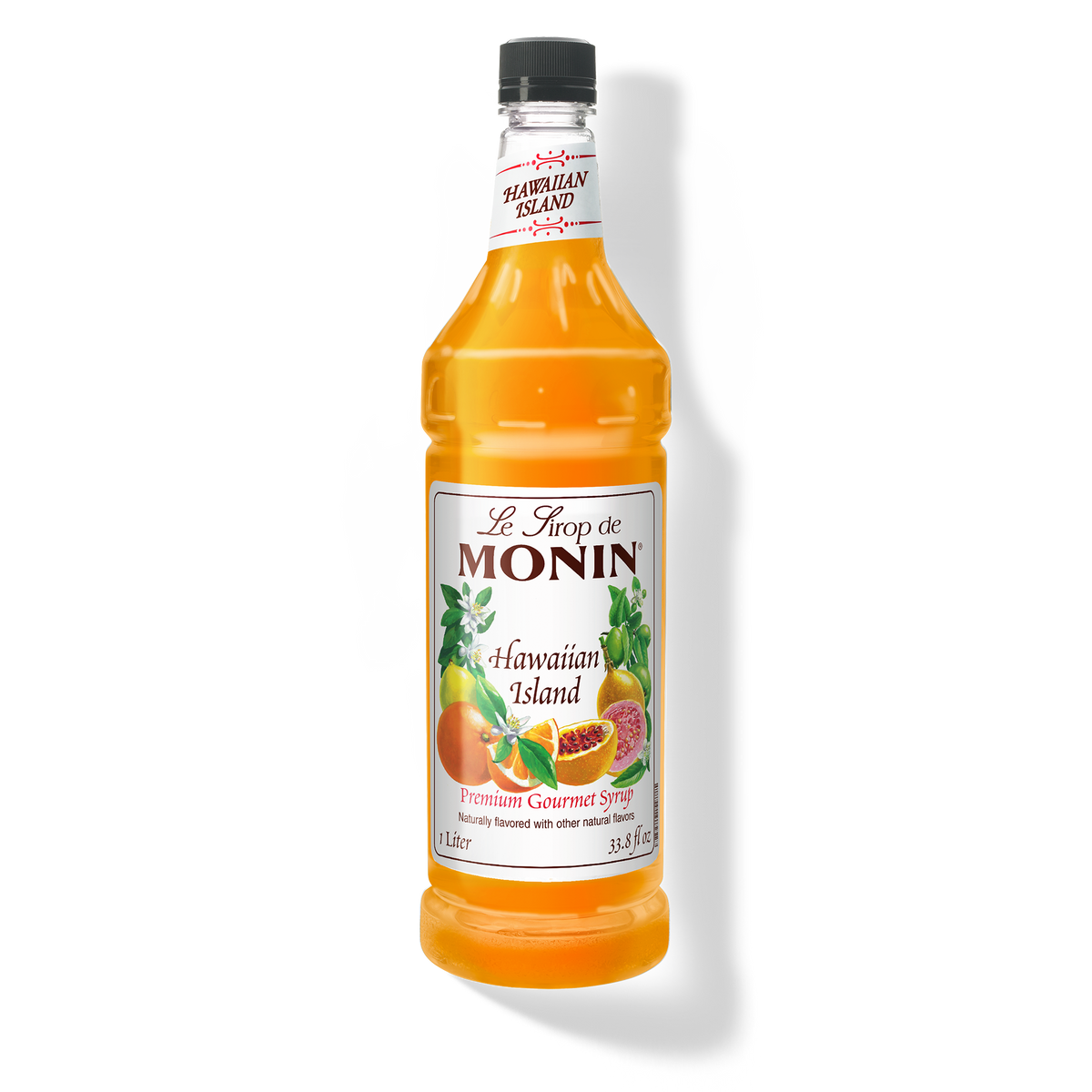 A bottle of Le Trop de Monin Hawaiian Island Refreshing Syrup, filled with golden-orange liquid, on a white background with a soft shadow.