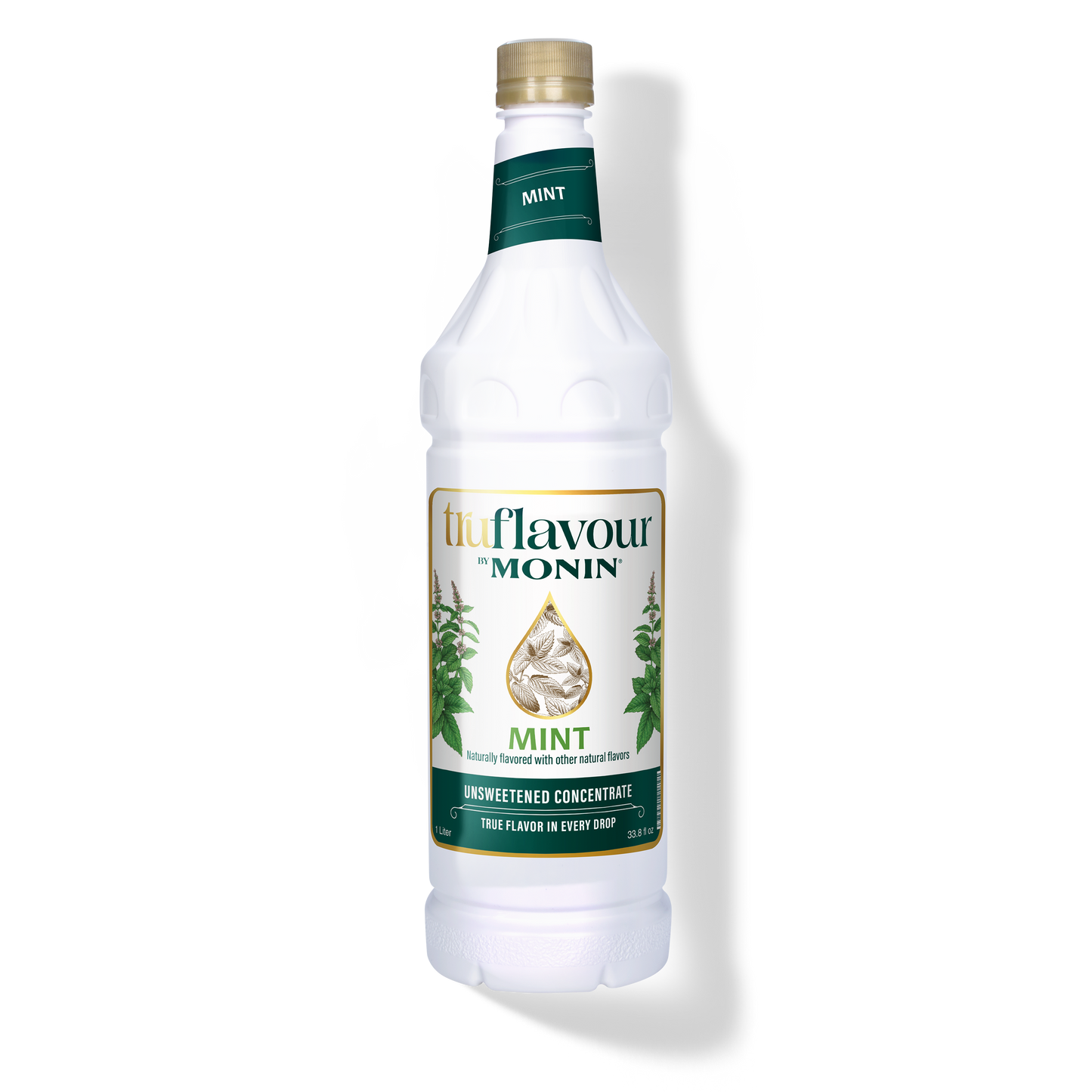 Monin Mint syrup bottle on a white background