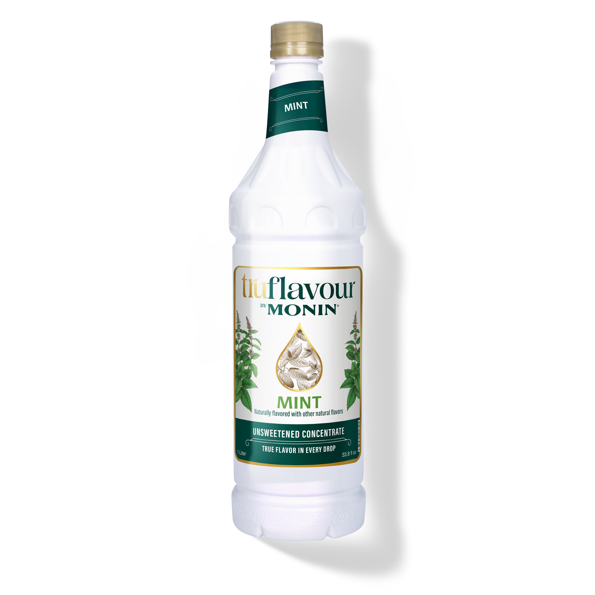 Monin Mint syrup bottle on a white background