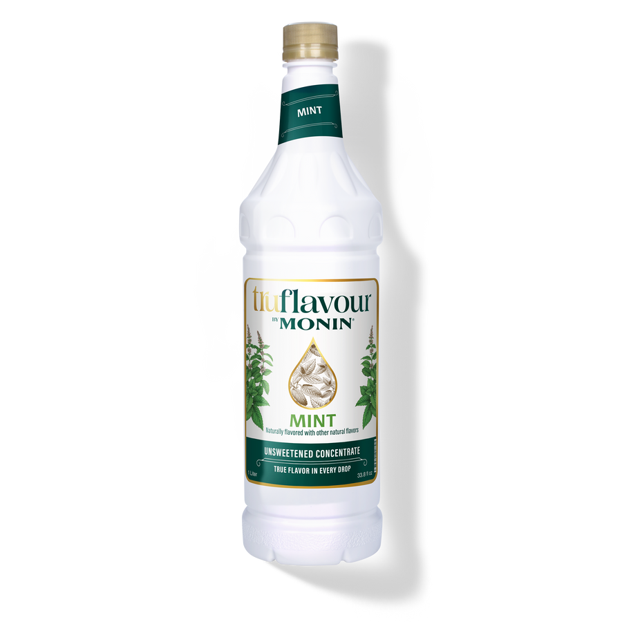 Monin Mint syrup bottle on a white background