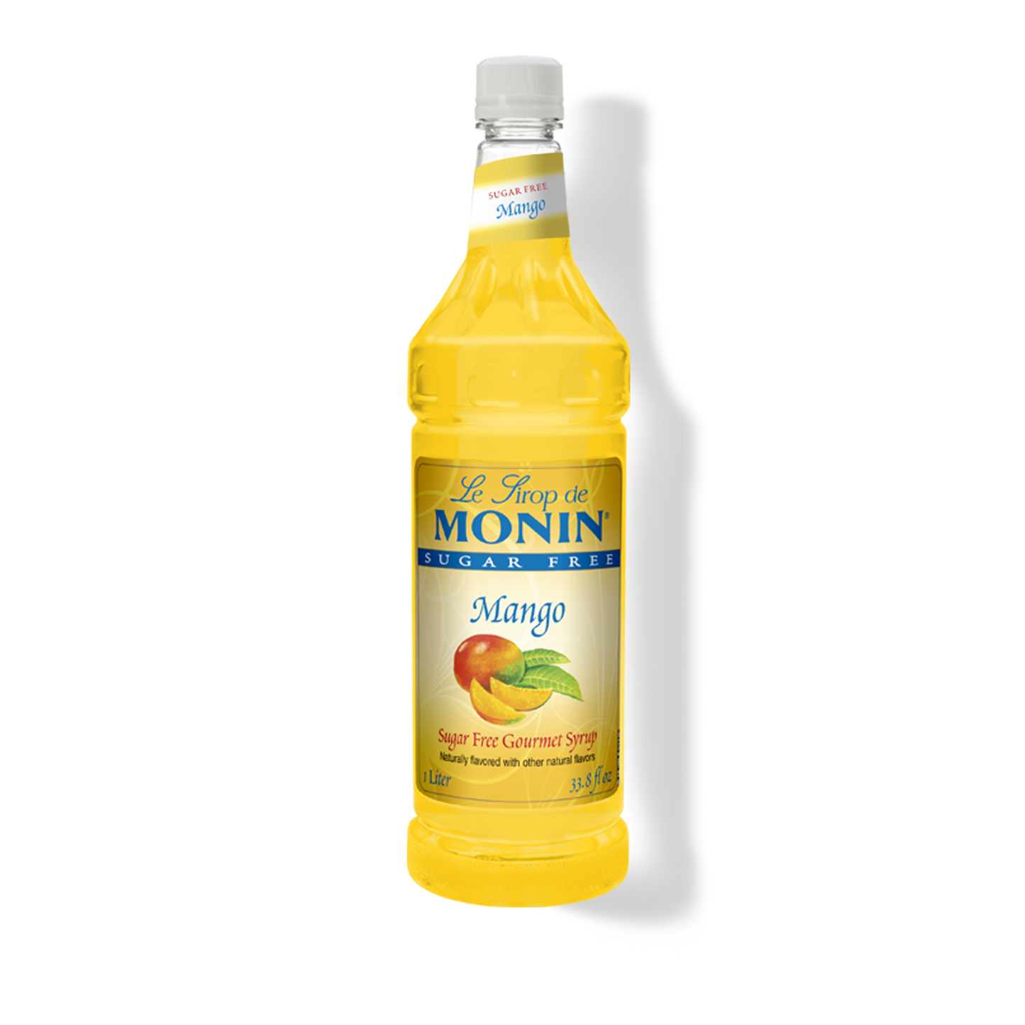 A bottle of Le Shop de Monin Sugar Free Mango syrup, filled with bright yellow liquid, on a white background with a soft shadow.