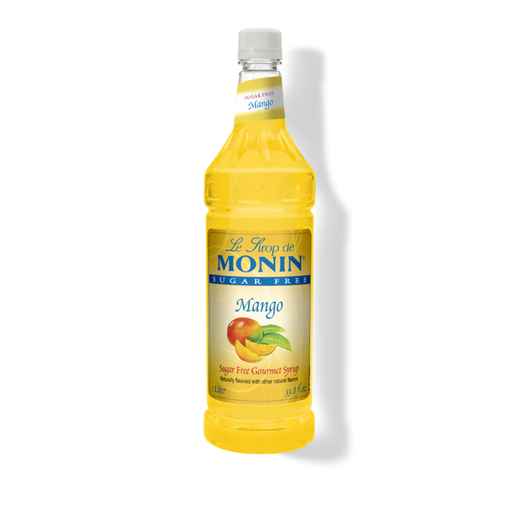 A bottle of Le Shop de Monin Sugar Free Mango syrup, filled with bright yellow liquid, on a white background with a soft shadow.