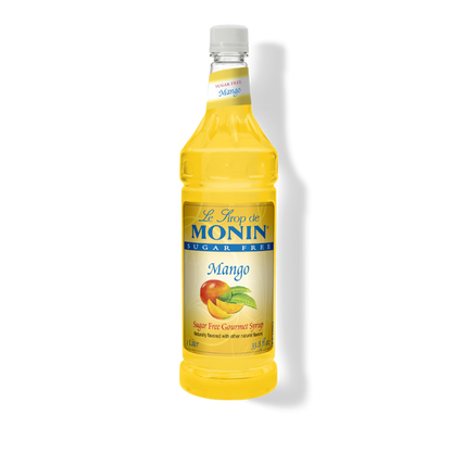 A bottle of Le Shop de Monin Sugar Free Mango syrup, filled with bright yellow liquid, on a white background with a soft shadow.