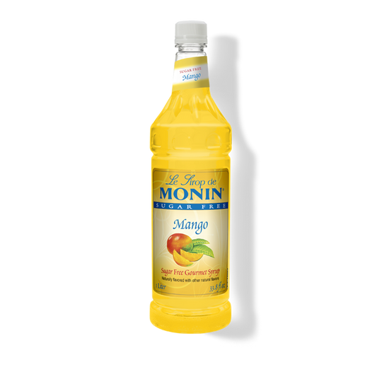 A bottle of Le Shop de Monin Sugar Free Mango syrup, filled with bright yellow liquid, on a white background with a soft shadow.