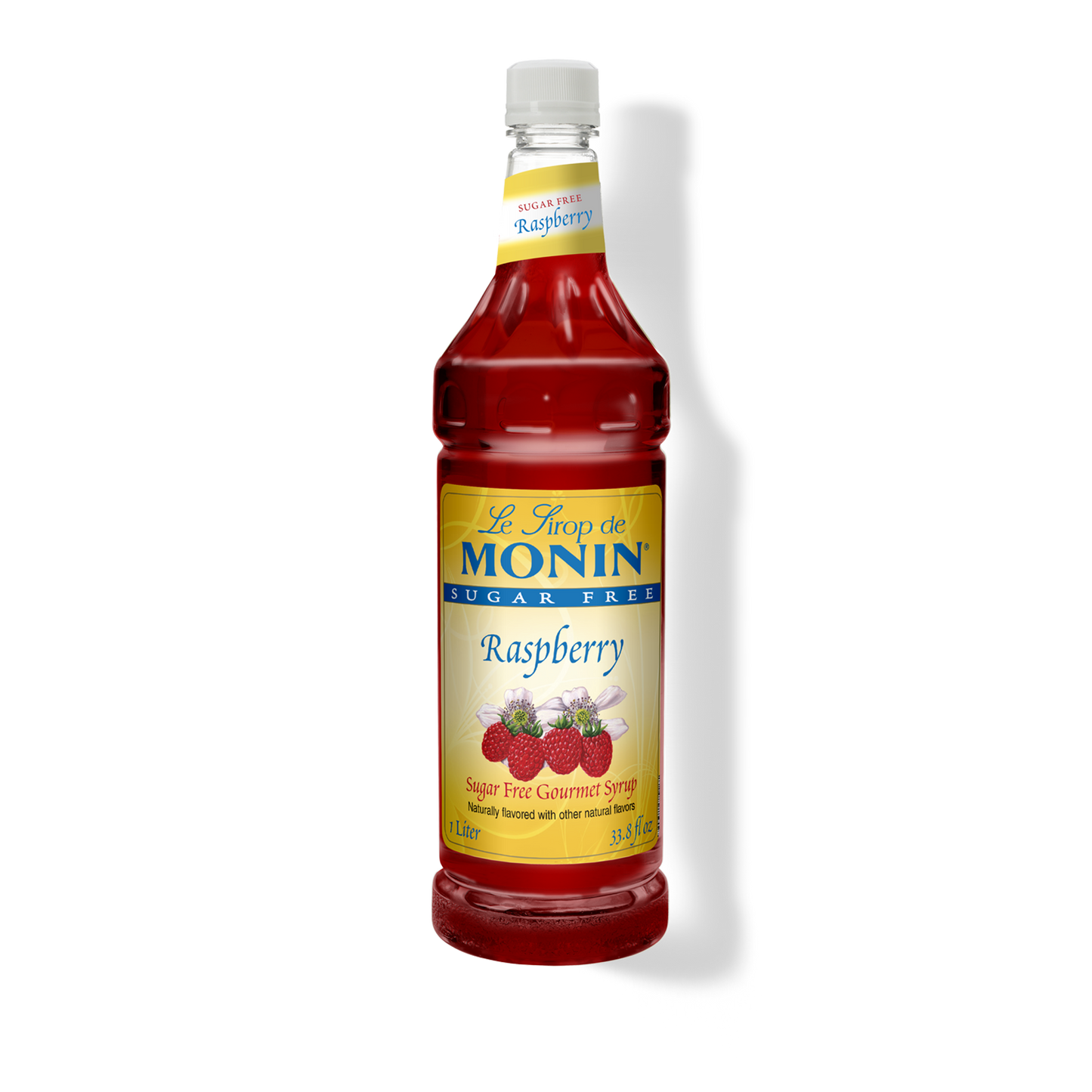 A bottle of Monin Le Snuf de Raspberry Sugar Free Gourmet Syrup on a white background with a soft shadow.