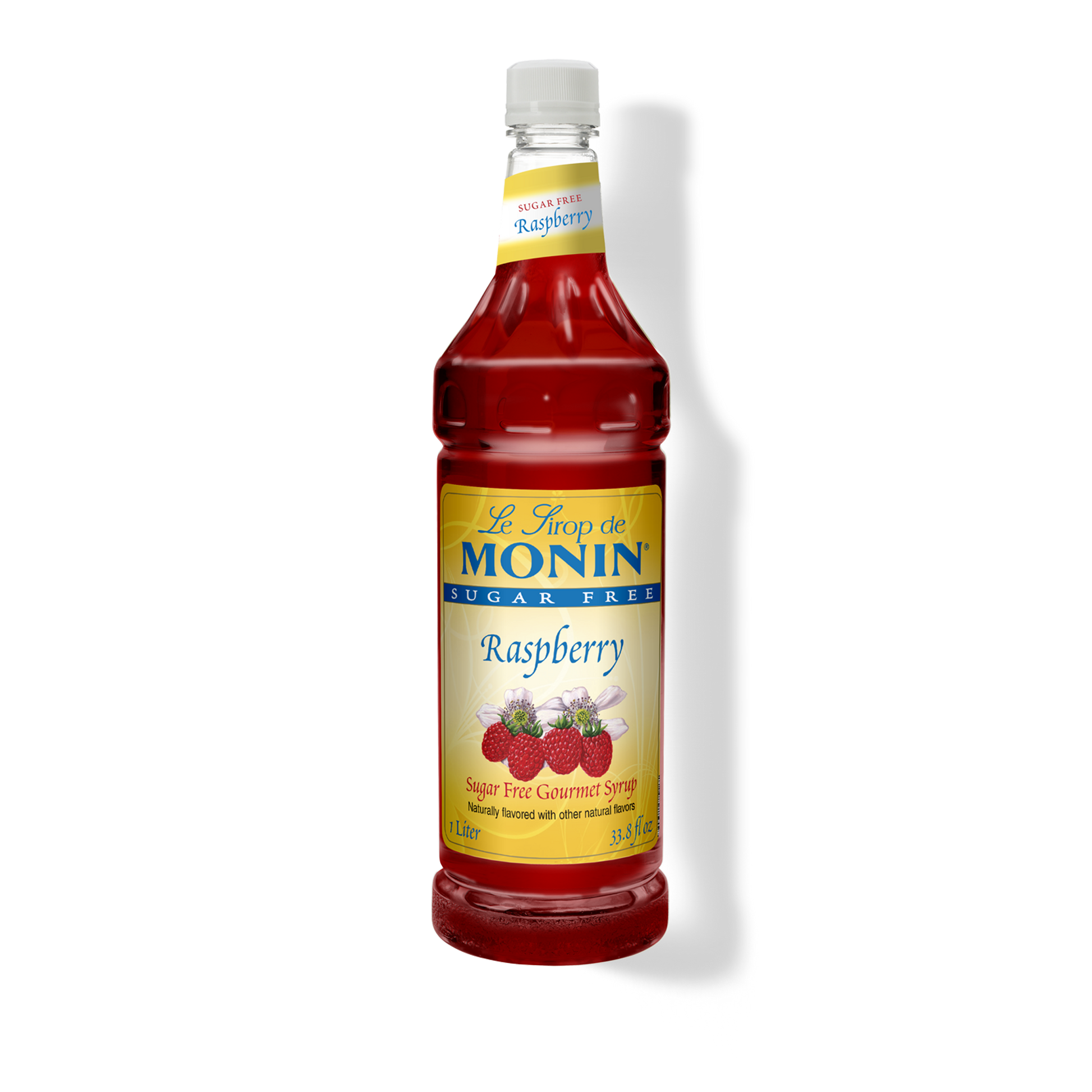 A bottle of Monin Le Snuf de Raspberry Sugar Free Gourmet Syrup on a white background with a soft shadow.