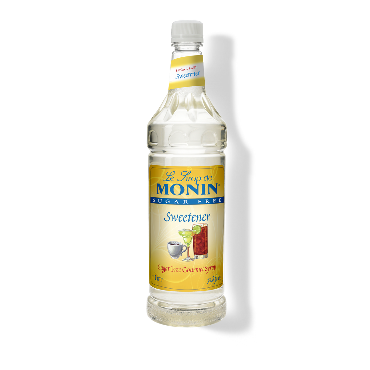 A 1-liter bottle of Monin Sweetener sugar-free cohabernet syrup on a white background with a soft shadow.