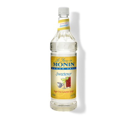 A 1-liter bottle of Monin Sweetener sugar-free cohabernet syrup on a white background with a soft shadow.