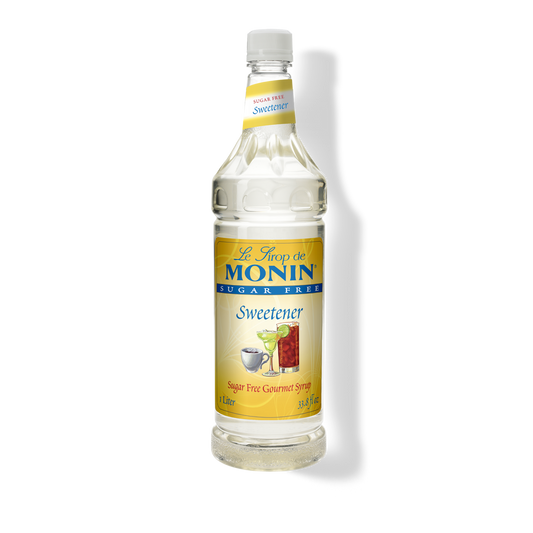 A 1-liter bottle of Monin Sweetener sugar-free cohabernet syrup on a white background with a soft shadow.