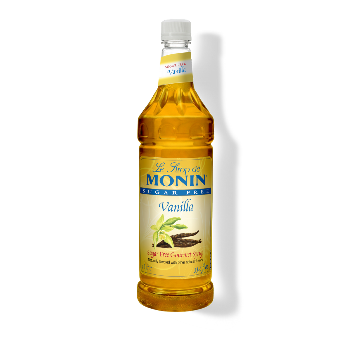 A bottle of Le Sirop de Monin Vanilla Sugar Free syrup on a white background with a soft shadow.