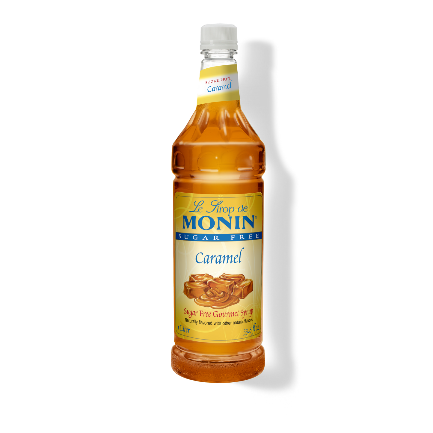 A bottle of Le Sirop de Monin Sugar Free Caramel syrup, 114 fl oz, shown on a white background with a soft shadow.