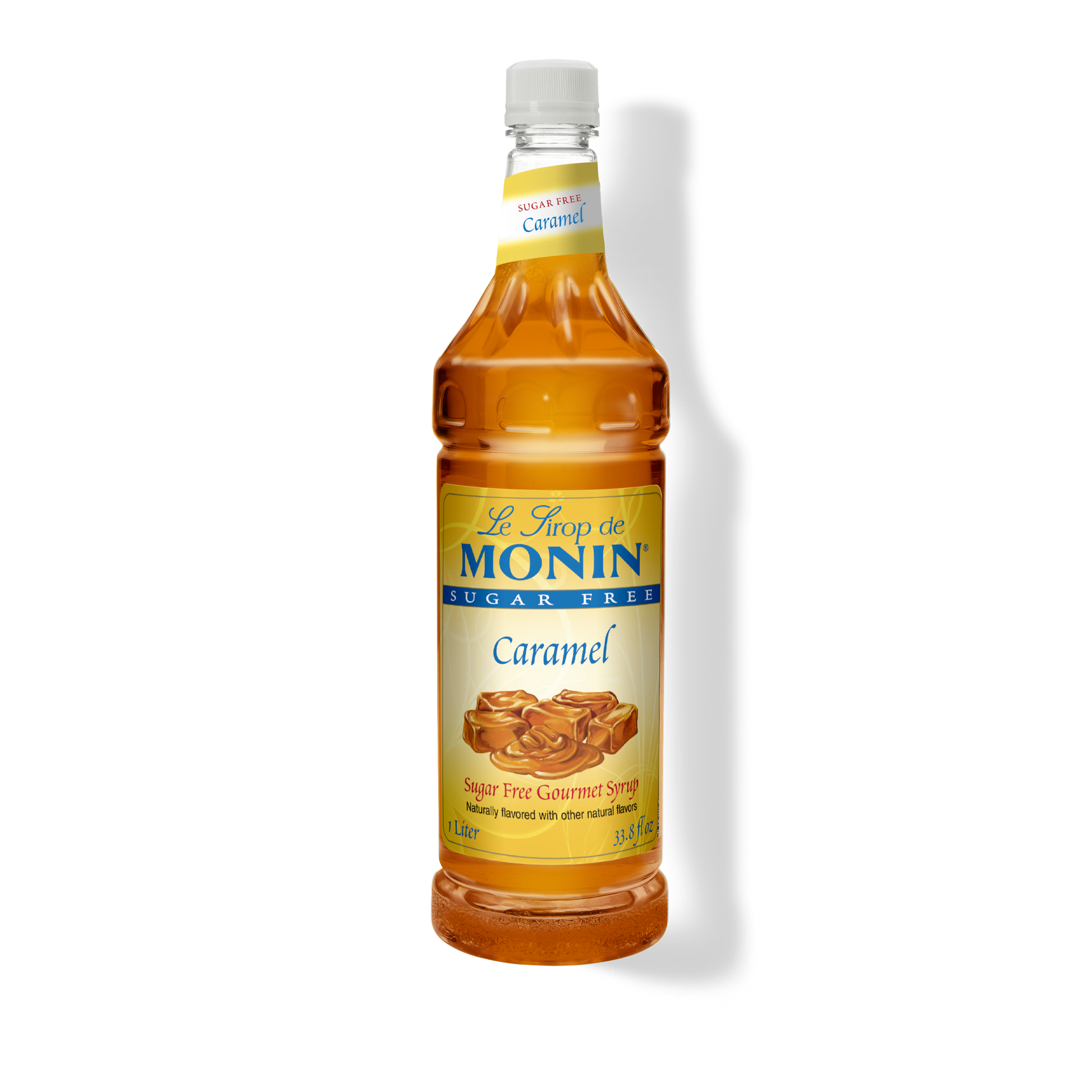 A bottle of Le Sirop de Monin Sugar Free Caramel syrup, 114 fl oz, shown on a white background with a soft shadow.