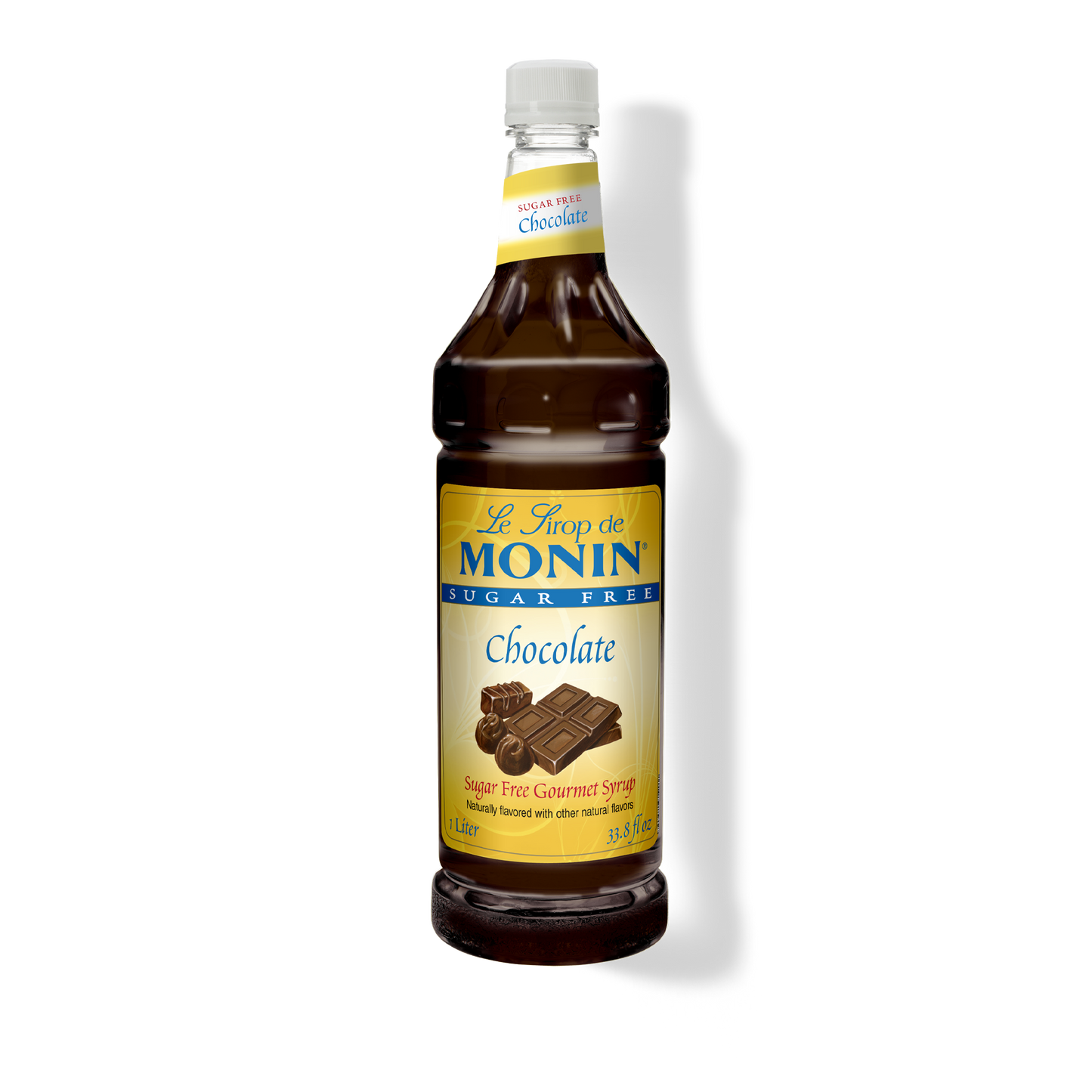 A bottle of Monin Le Sirop de Chocolate Sugar Free (Chocolate Syrup) on a white background with a soft shadow.