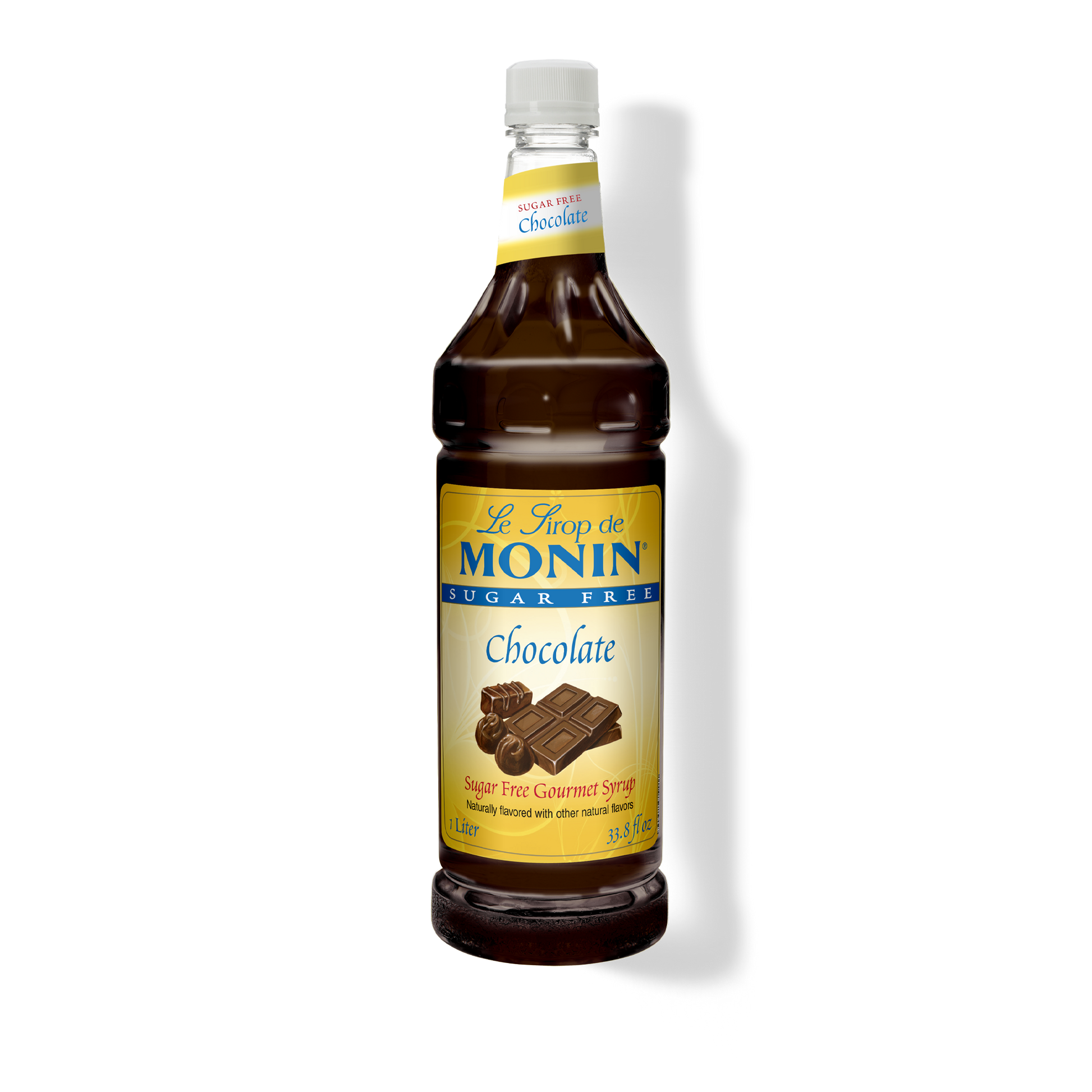 A bottle of Monin Le Sirop de Chocolate Sugar Free (Chocolate Syrup) on a white background with a soft shadow.
