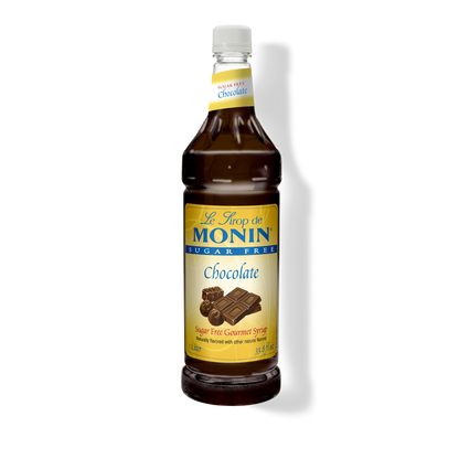 A bottle of Monin Le Sirop de Chocolate Sugar Free (Chocolate Syrup) on a white background with a soft shadow.