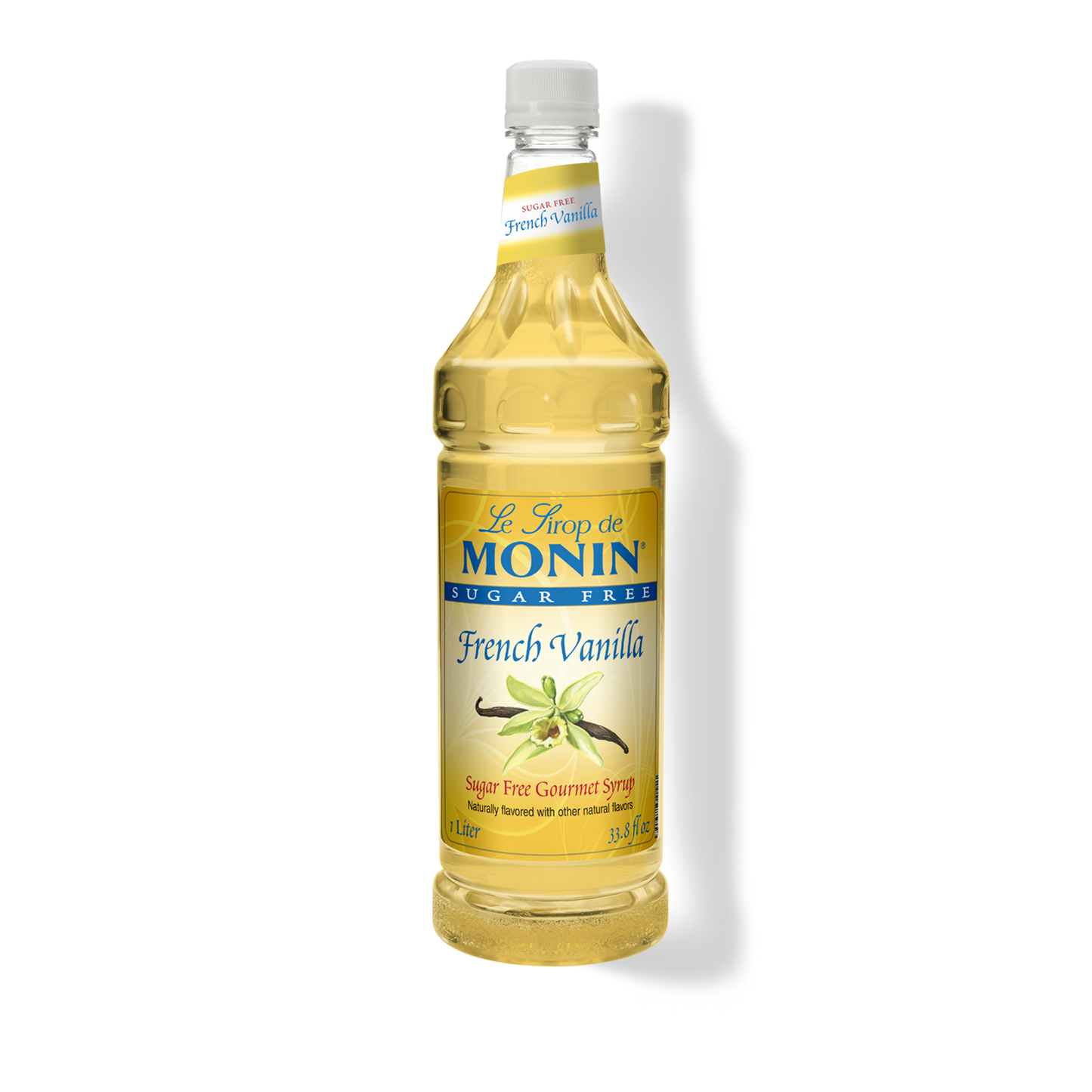 A bottle of Monin French Vanilla sugar-free syrup on a white background with a soft shadow.