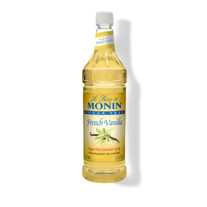 A bottle of Monin French Vanilla sugar-free syrup on a white background with a soft shadow.