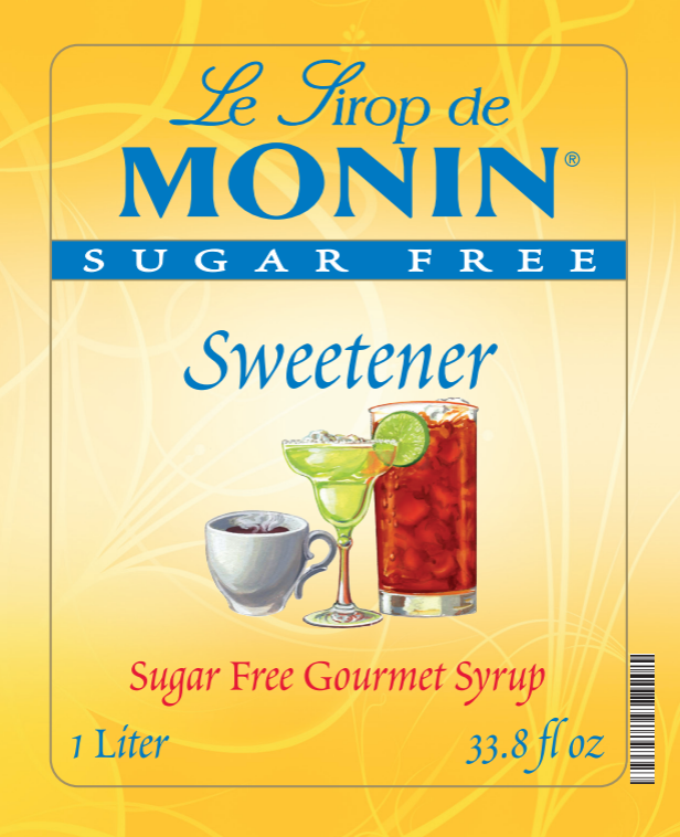 Front of a Monin Sweetener sugar free gourmet syrup package, showing a yellow label with blue and red text and illustrations of a cup, a green cocktail, and a red iced drink.