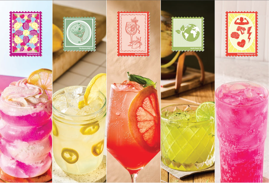 Five colorful cocktails with decorative labels