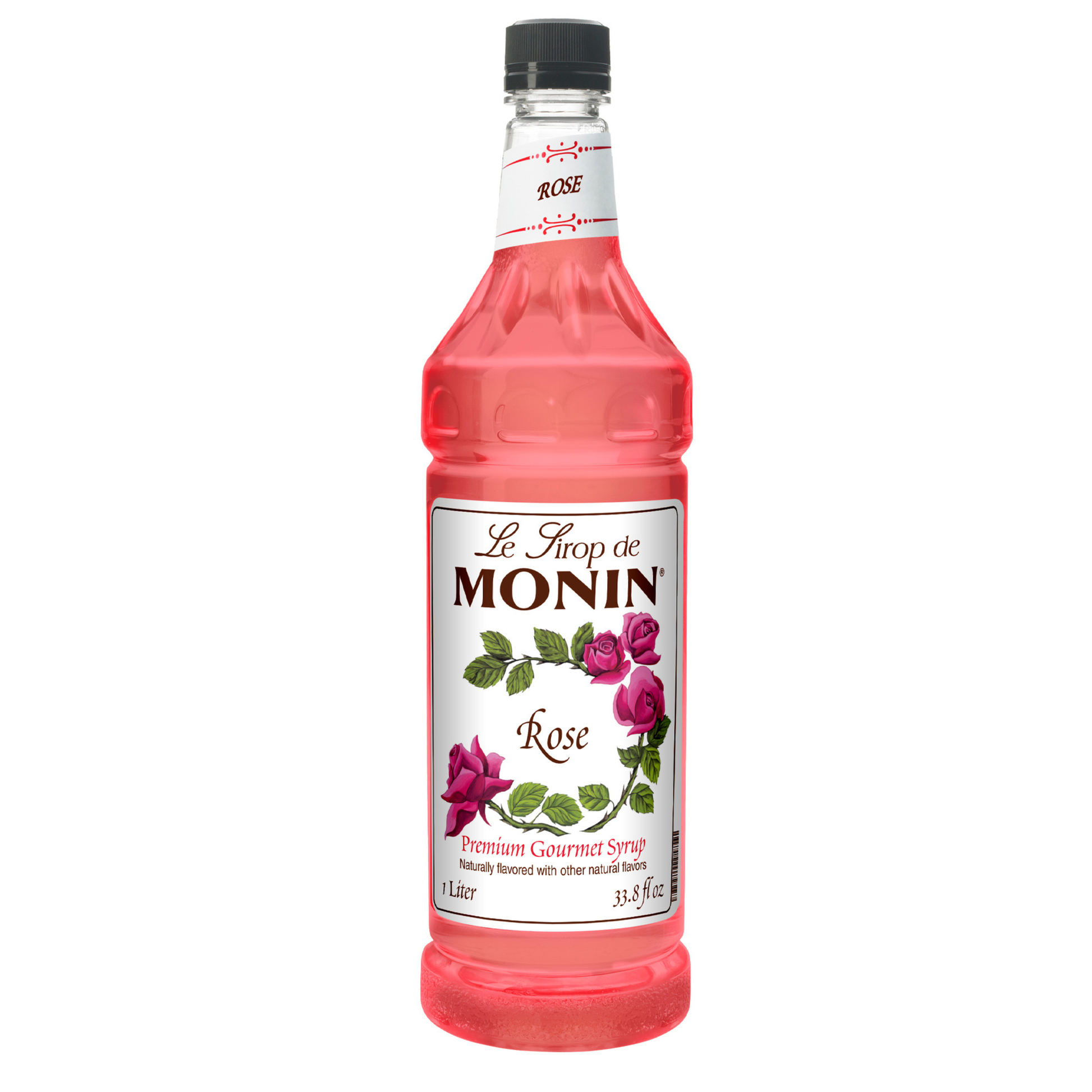 Monin Rose syrup bottle on a white background