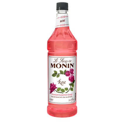 Monin Rose syrup bottle on a white background