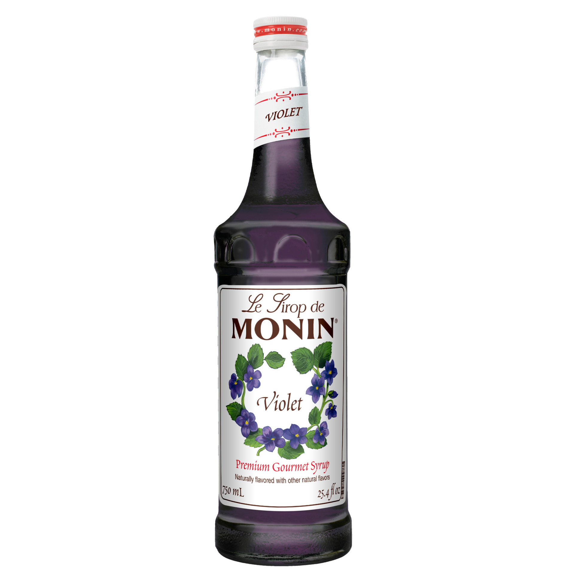 Bottle of Monin Violet syrup on a white background