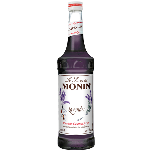 Monin lavender syrup bottle on a white background