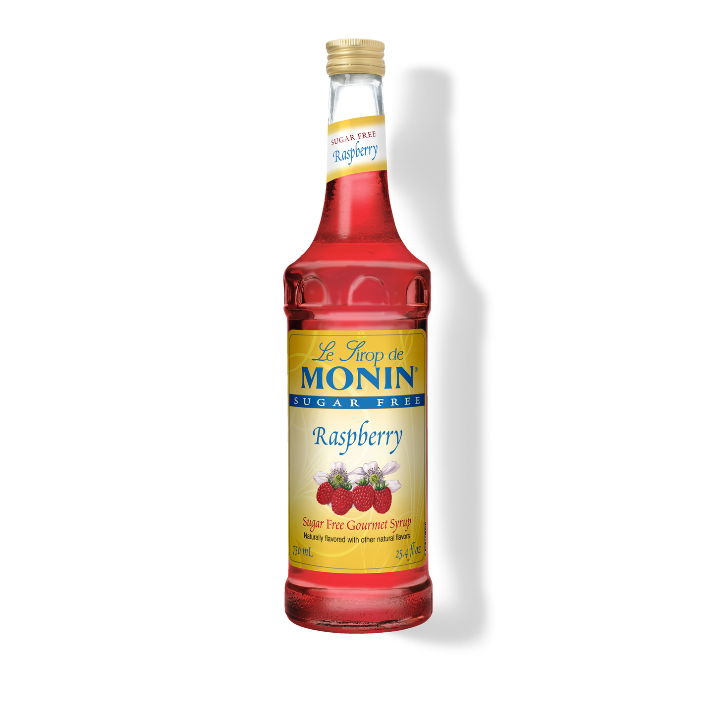 A bottle of Le Flôc de Monin Sugar Free Raspberry Syrup on a white background with a soft shadow.
