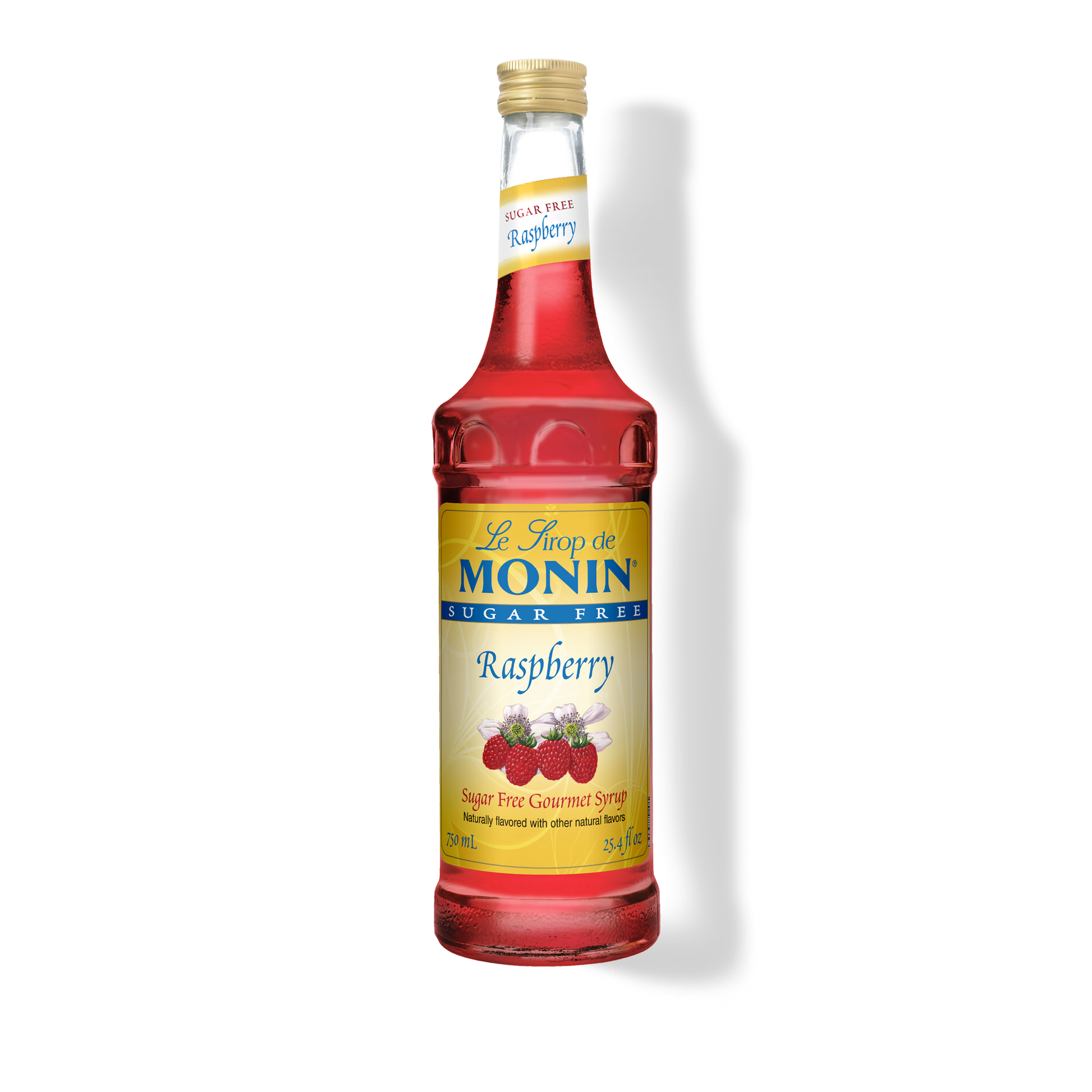 A bottle of Le Flôc de Monin Sugar Free Raspberry Syrup on a white background with a soft shadow.