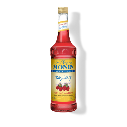 A bottle of Le Flôc de Monin Sugar Free Raspberry Syrup on a white background with a soft shadow.