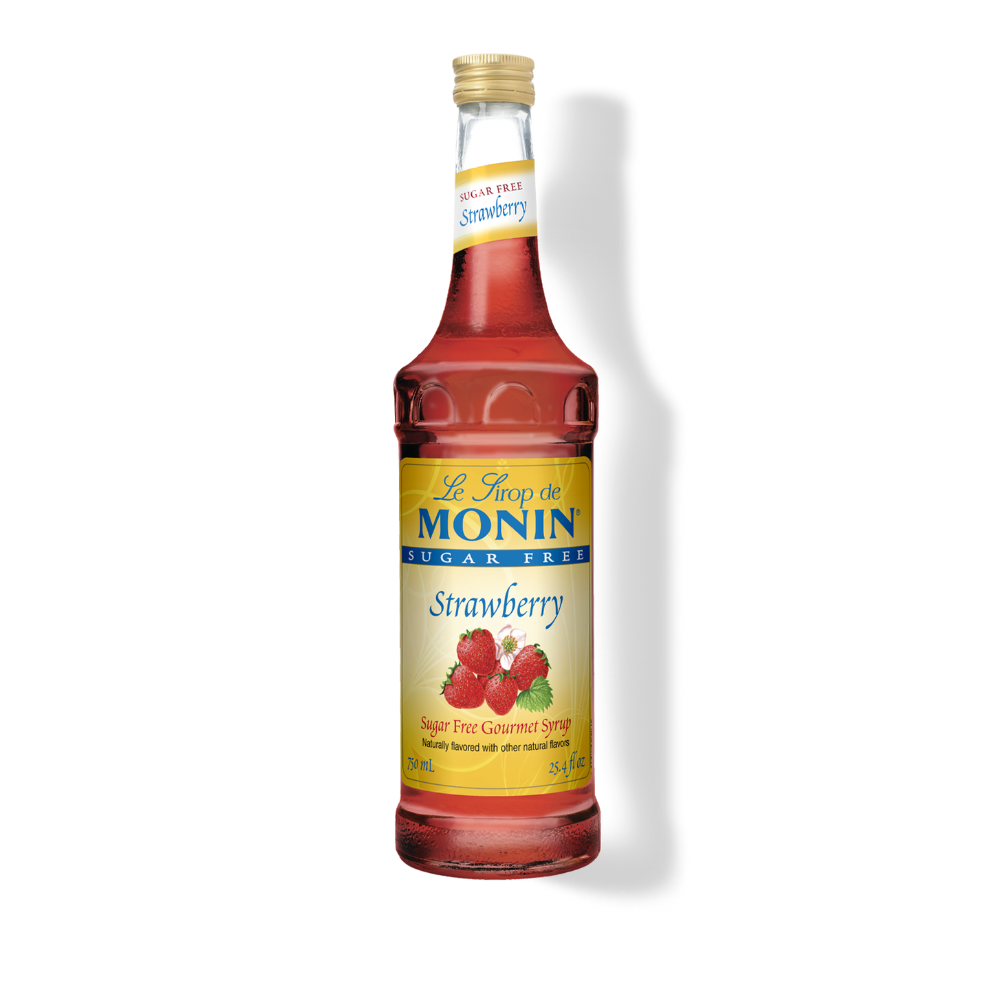 A bottle of Monin Sugar Free Strawberry syrup on a white background with a soft shadow.