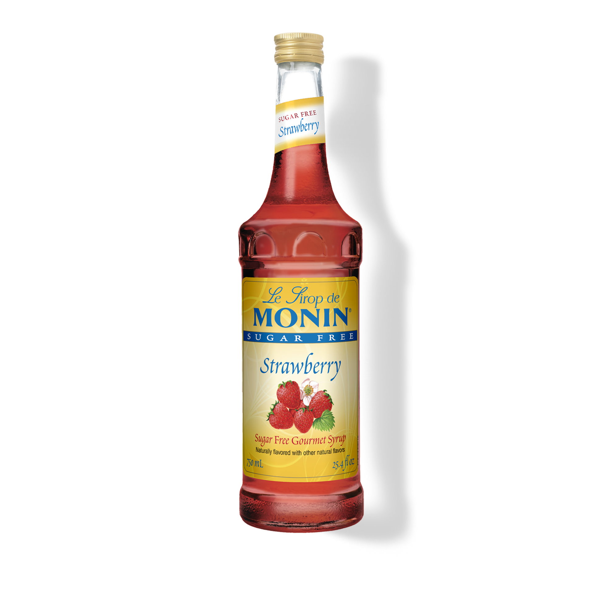 A bottle of Monin Sugar Free Strawberry syrup on a white background with a soft shadow.