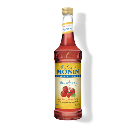 A bottle of Monin Sugar Free Strawberry syrup on a white background with a soft shadow.