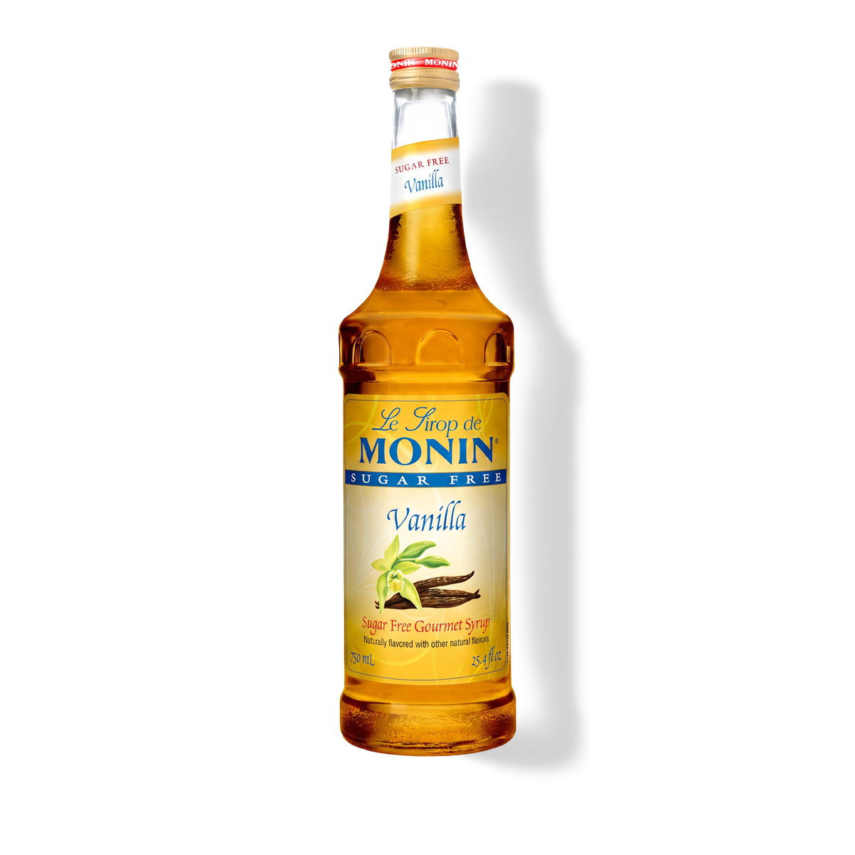 A bottle of Monin Sugar Free Vanilla syrup on a white background with a soft shadow.