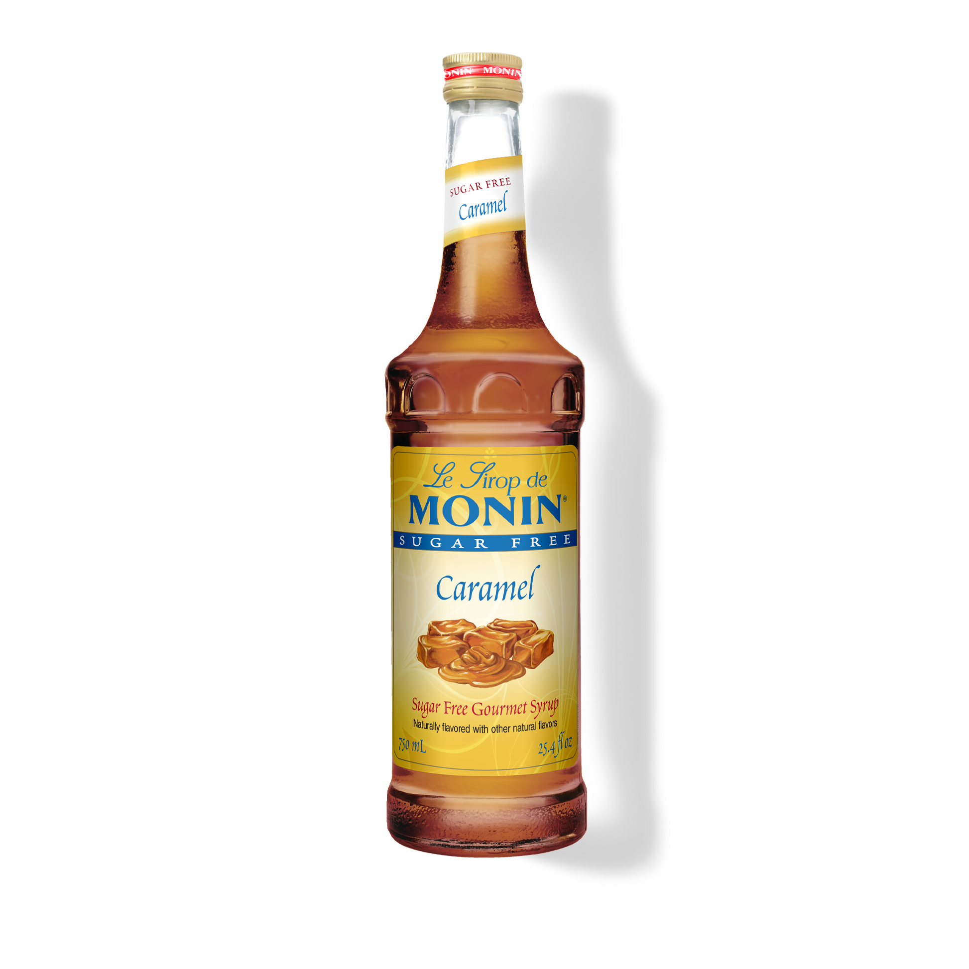 A bottle of Monin Caramel sugar-free syrup on a white background with a soft shadow.