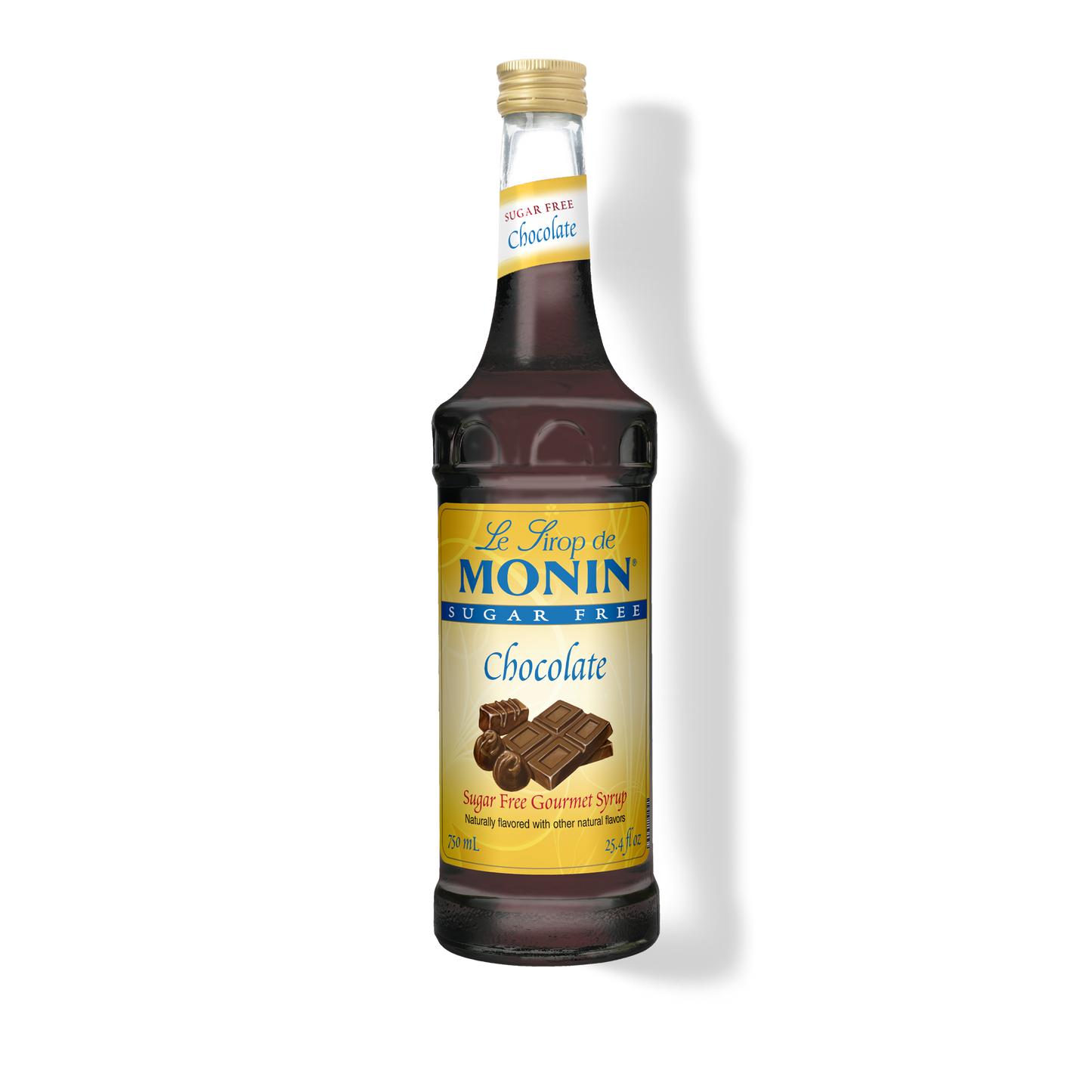 A bottle of Le Gout de Monin Sugar Free Chocolate Syrup on a white background with a soft shadow.