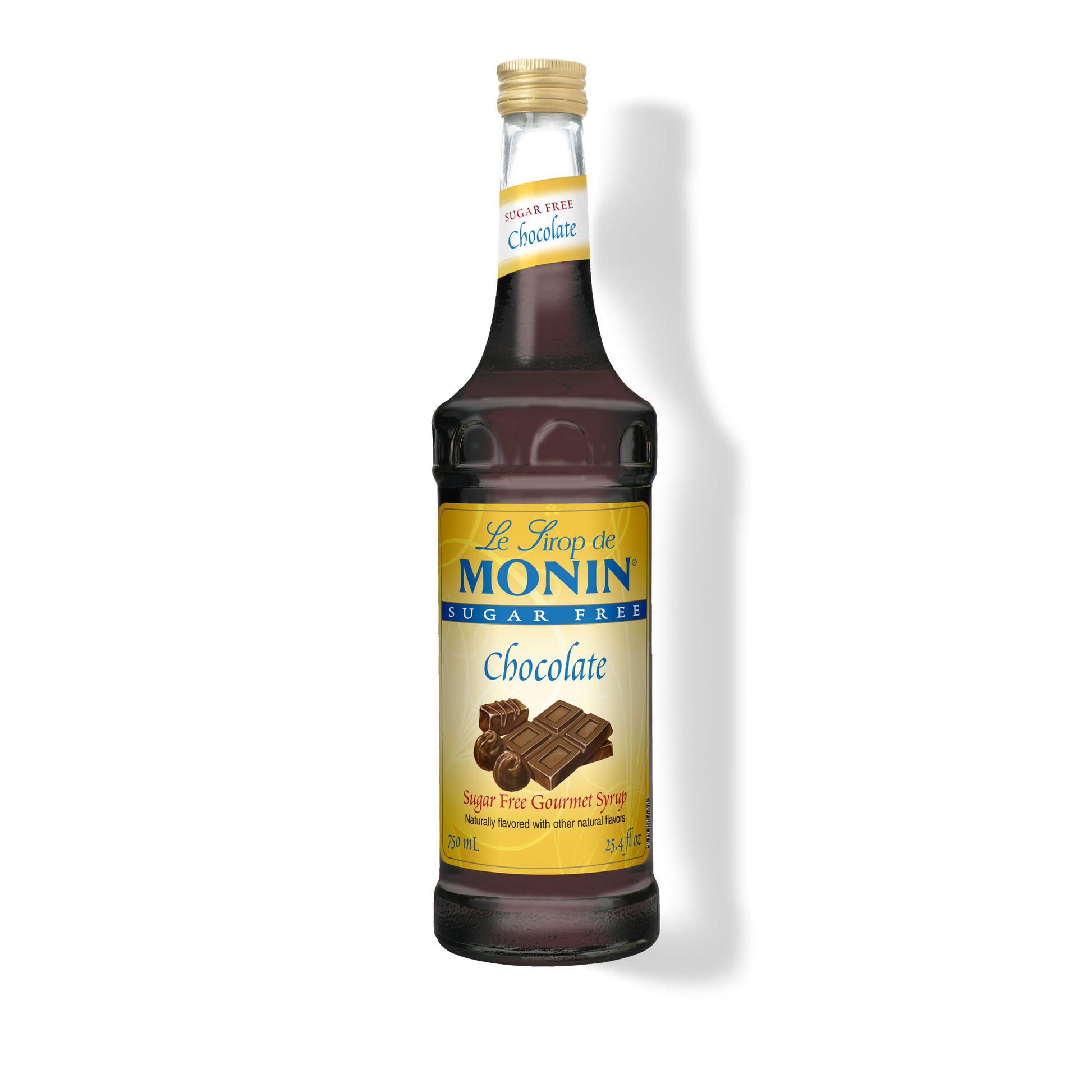 A bottle of Le Gout de Monin Sugar Free Chocolate Syrup on a white background with a soft shadow.