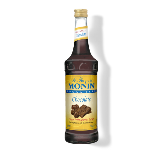 A bottle of Le Gout de Monin Sugar Free Chocolate Syrup on a white background with a soft shadow.