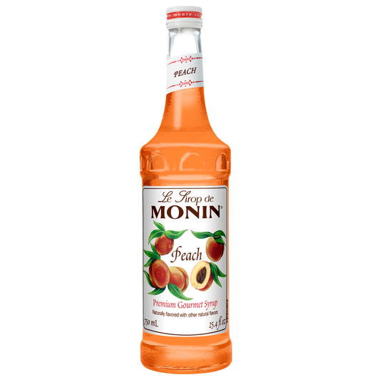 Peach Monin syrup bottle on white background 