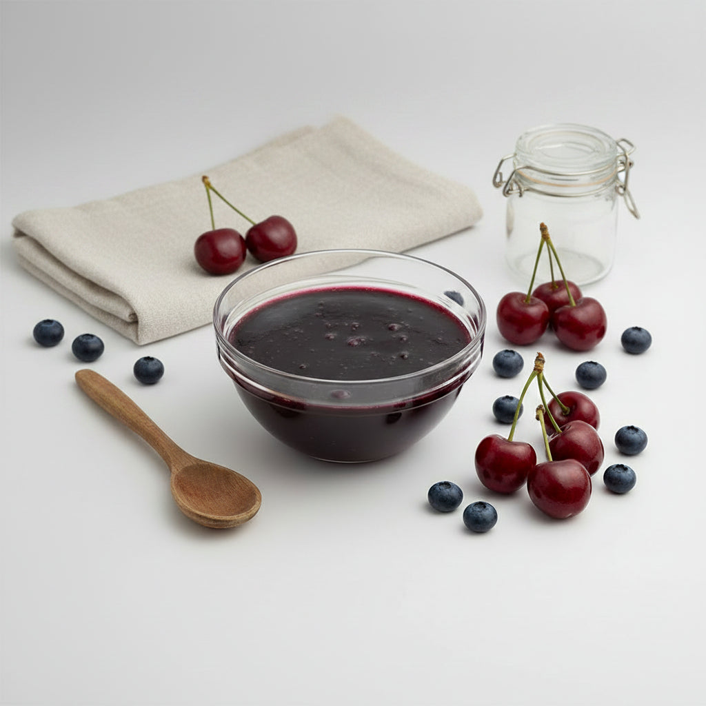 A berry fruit sauce in a glass bowl with fresh cherries and blueberries